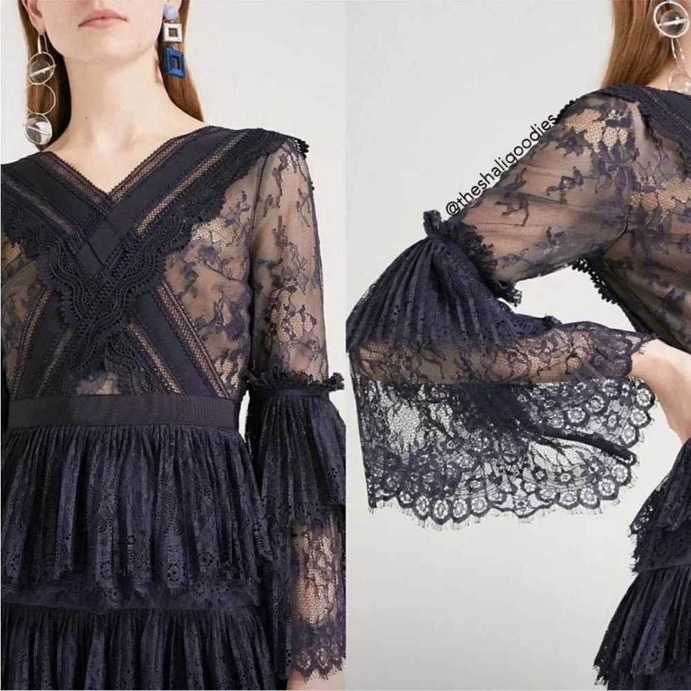 Self-Portrait Mini Dress Size 0 Navy Blue  Lace Ruffles Sleeve Lined - Picture 2 of 16